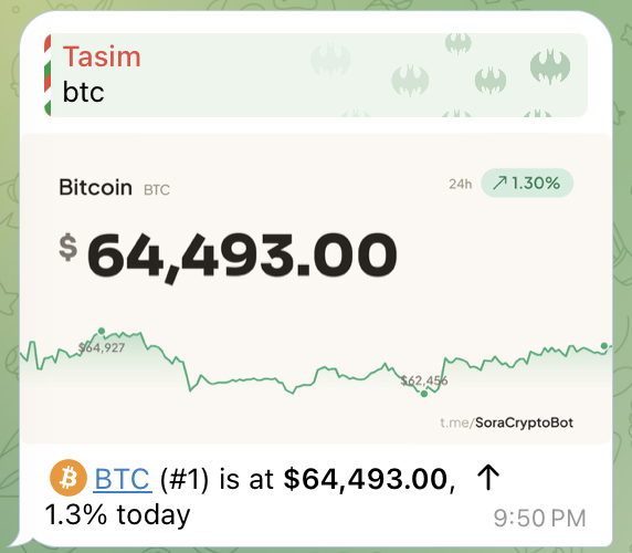 Sora replying in Telegram with the Bitcoin price and a 24h chart