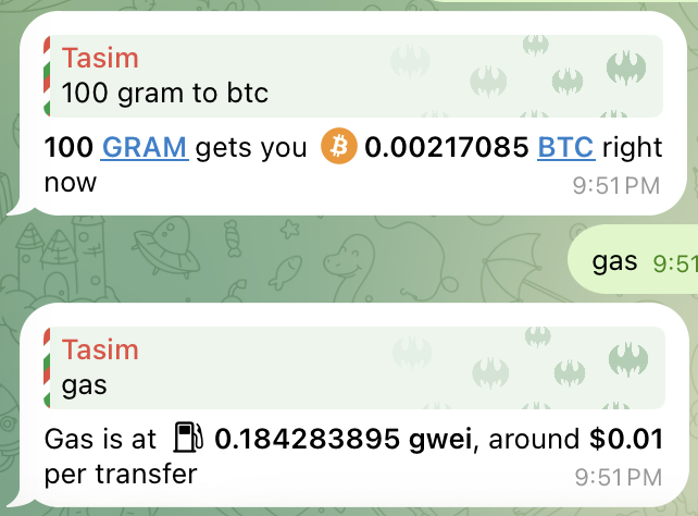 Sora converting 100 GRAM to BTC and showing current Ethereum gas in a Telegram chat