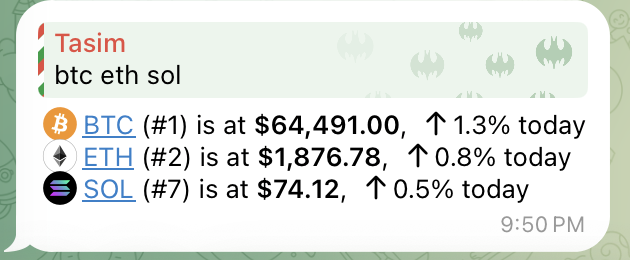 Sora returning BTC, ETH and SOL prices in a single Telegram reply
