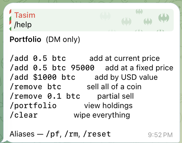 Sora portfolio commands for adding, removing and viewing crypto holdings