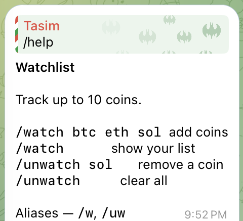 Sora watchlist commands for tracking up to 10 coins in Telegram