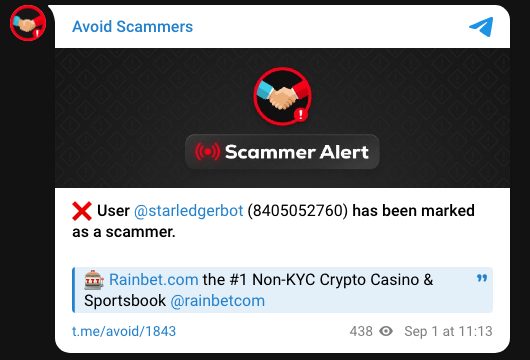 Telegram scam list channel marking a working verified bot as a scammer with no evidence, with a casino ad underneath