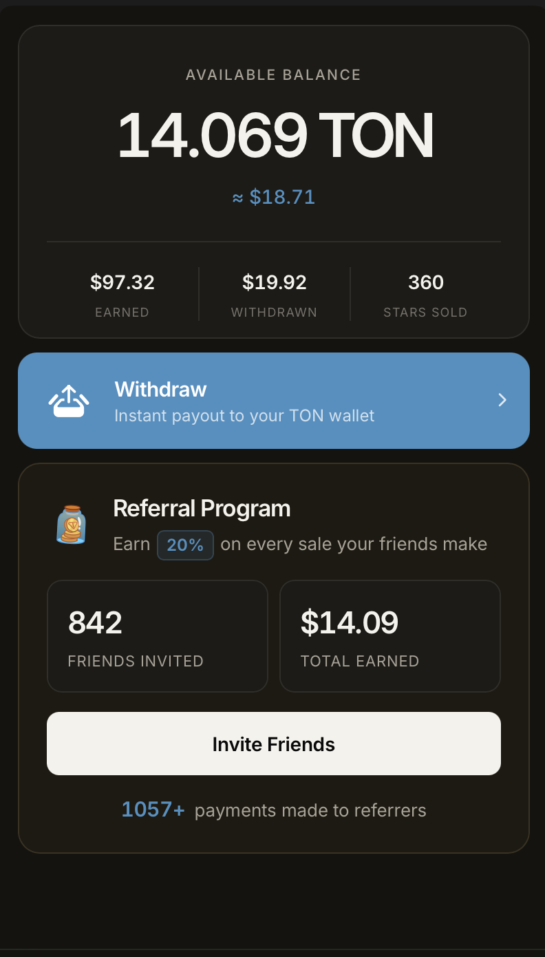 StarLedger balance screen showing a TON balance, total earned and withdrawn, and the 20 percent referral programme