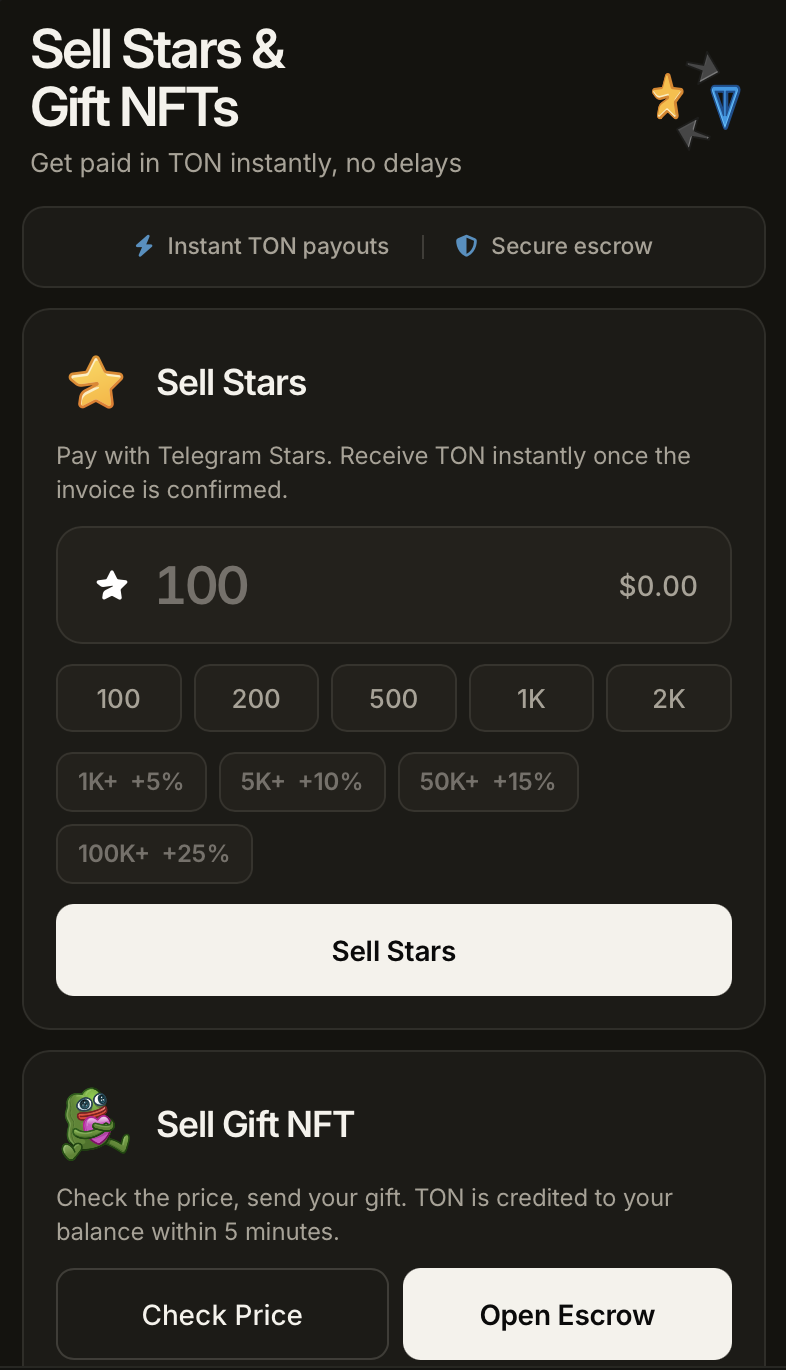 StarLedger sell screen showing Star amount presets and volume bonus tiers from 5 to 25 percent, plus the sell gift NFT option