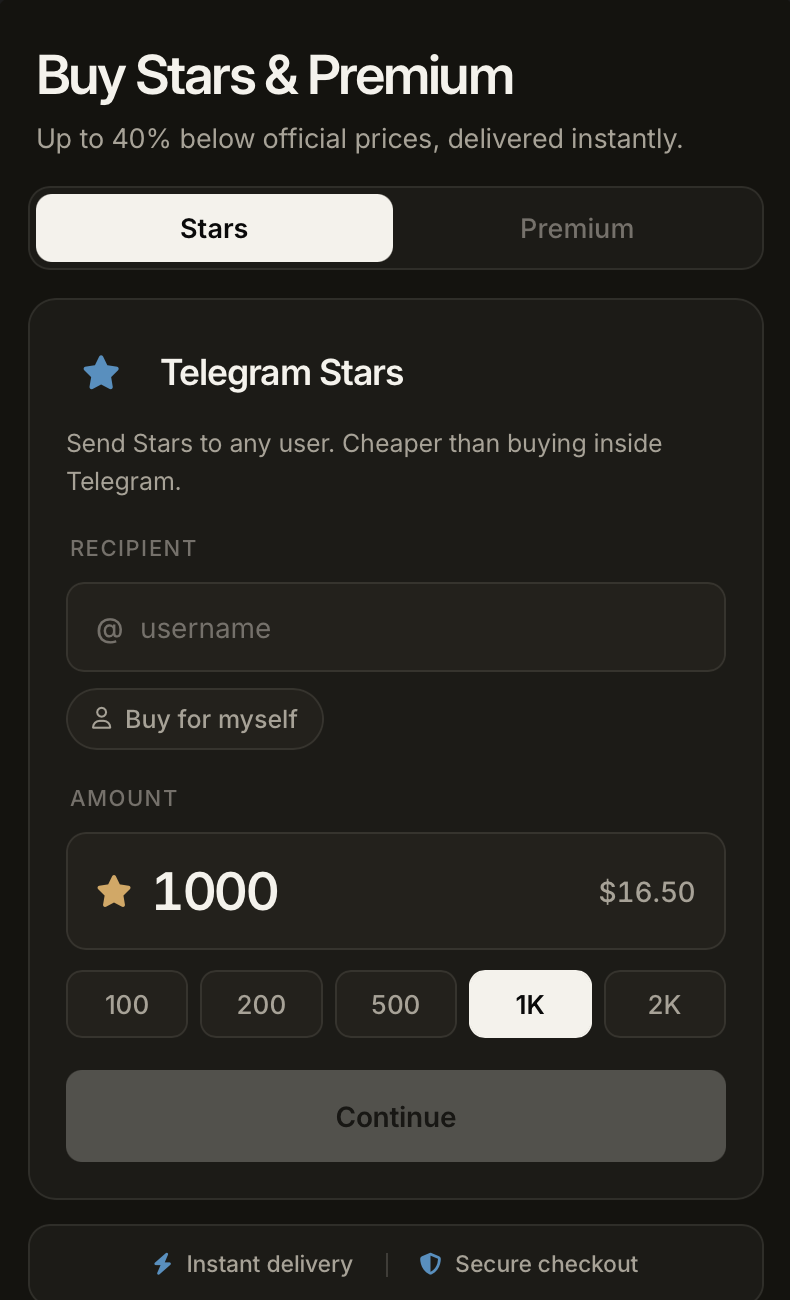 Buying 1,000 Telegram Stars for $16.50 in the StarNinja mini app, with preset amounts and a recipient field