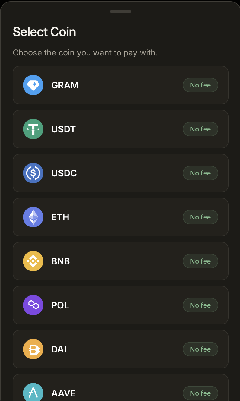 StarNinja coin picker showing GRAM, USDT, USDC, ETH, BNB, POL, DAI and AAVE, each marked no fee