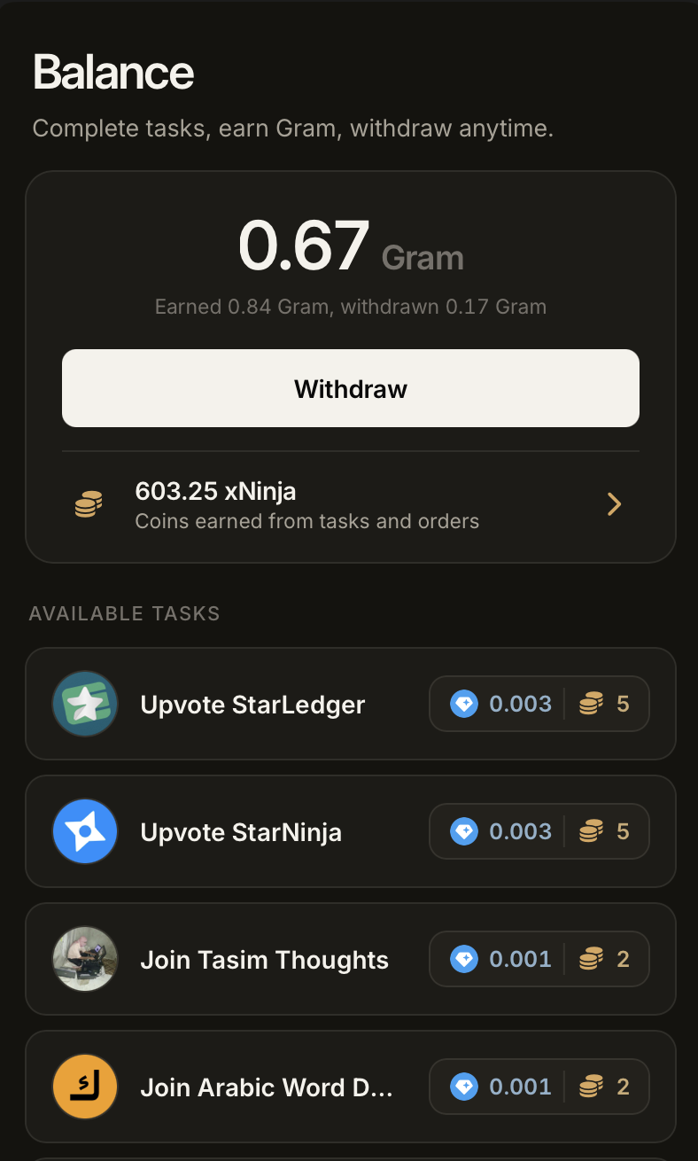 StarNinja balance screen showing a Gram balance, 603 xNinja coins, and available tasks paying 0.001 to 0.003 Gram each