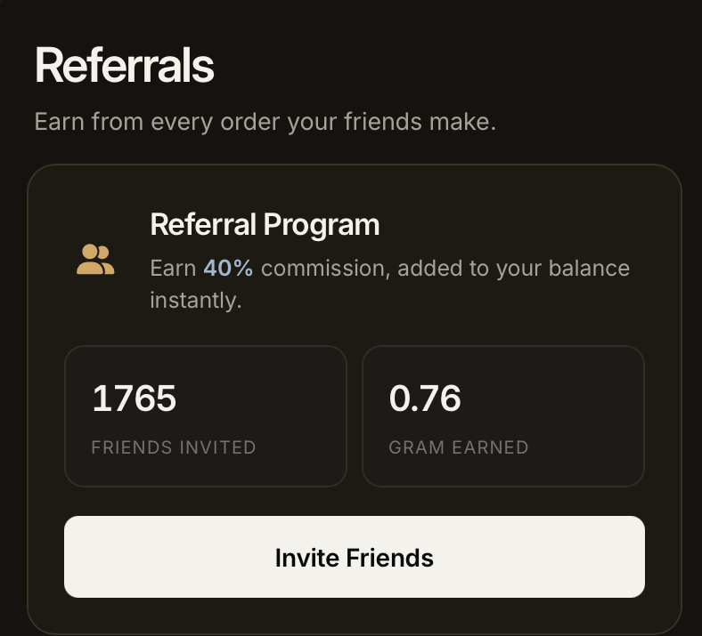 StarNinja referral screen showing 40 percent commission on every order, with friends invited and Gram earned